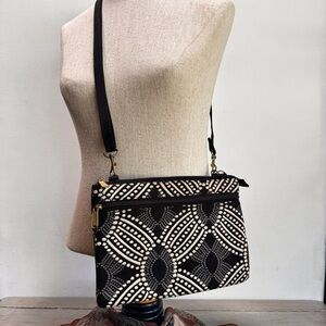 Danny K Tapestry Black And White Travel Crossbody‎ Multi Compartment Bag Purse